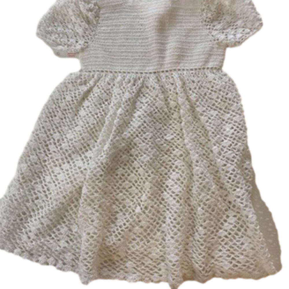 Vintage Crochet Baby Christening Dress with pink button detail